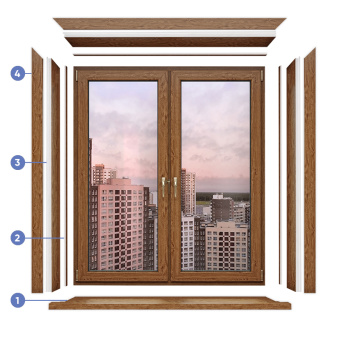 Система отделки окна с подоконником (1500х1500), золотой дуб, наличник прямой, откос 150 мм